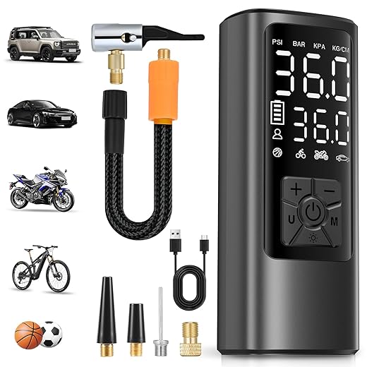 HOVVIDA Compressore Aria Portatile, Compressore Portatile, Compressore Portatile Moto, 150 PSI (10,3 Bar) 5V, Inflazione Rapida, Spegnimento Automatico, LED, per Auto, Moto, Bicicletta, Palla