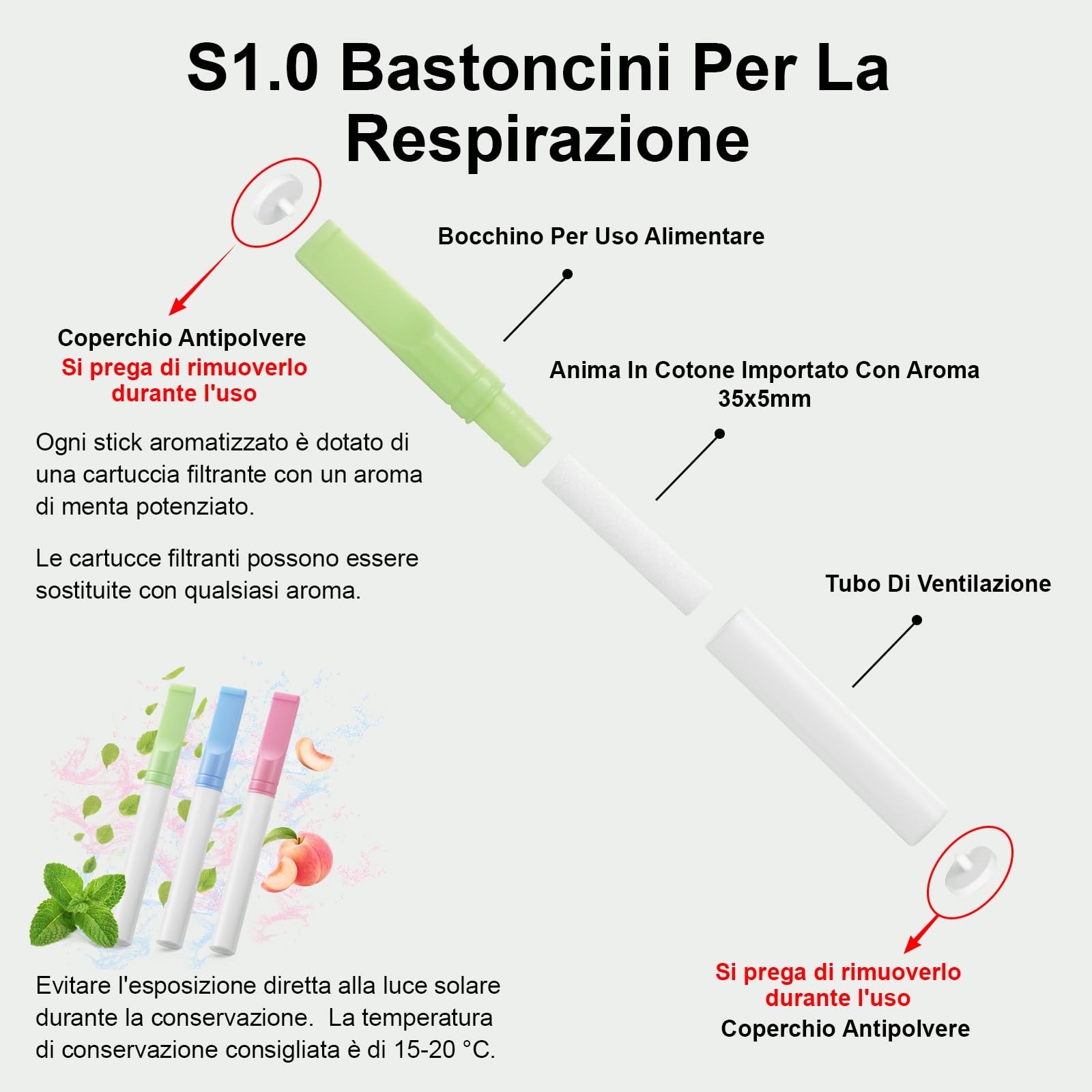 S1.0 3 PCS Smettere di Fumare Inalatore con Cartucce Filtro al Gusto di Menta Per Migliorare Respirazione Verde