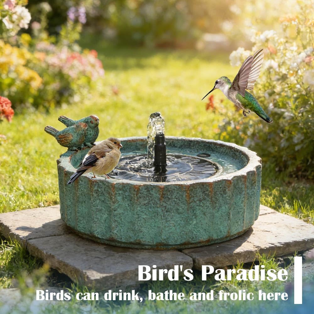 Solar Bird Bath Fountain, Birds Solar Powered Fountain, Hummingbird Birdbath with 3 Nozzles, Outdoor Water Feature for Garden Patio Backyard Decor (Roman Column Green)