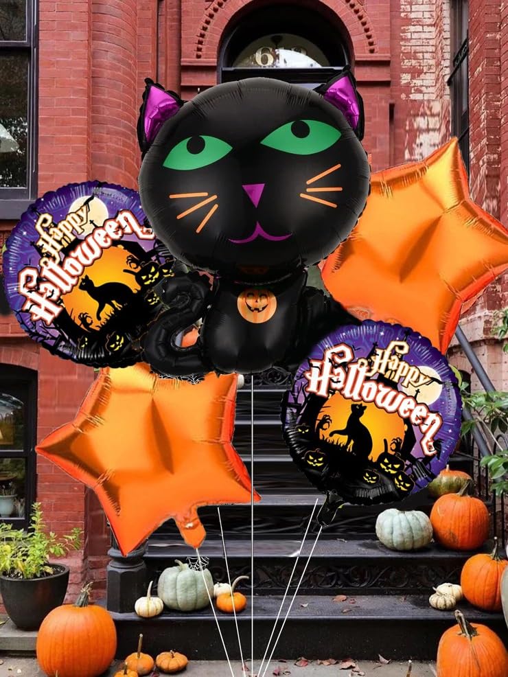 Image of AMFIN (Pack of 30) Happy Halloween Party, Haunted Cat Foil Balloons - Black