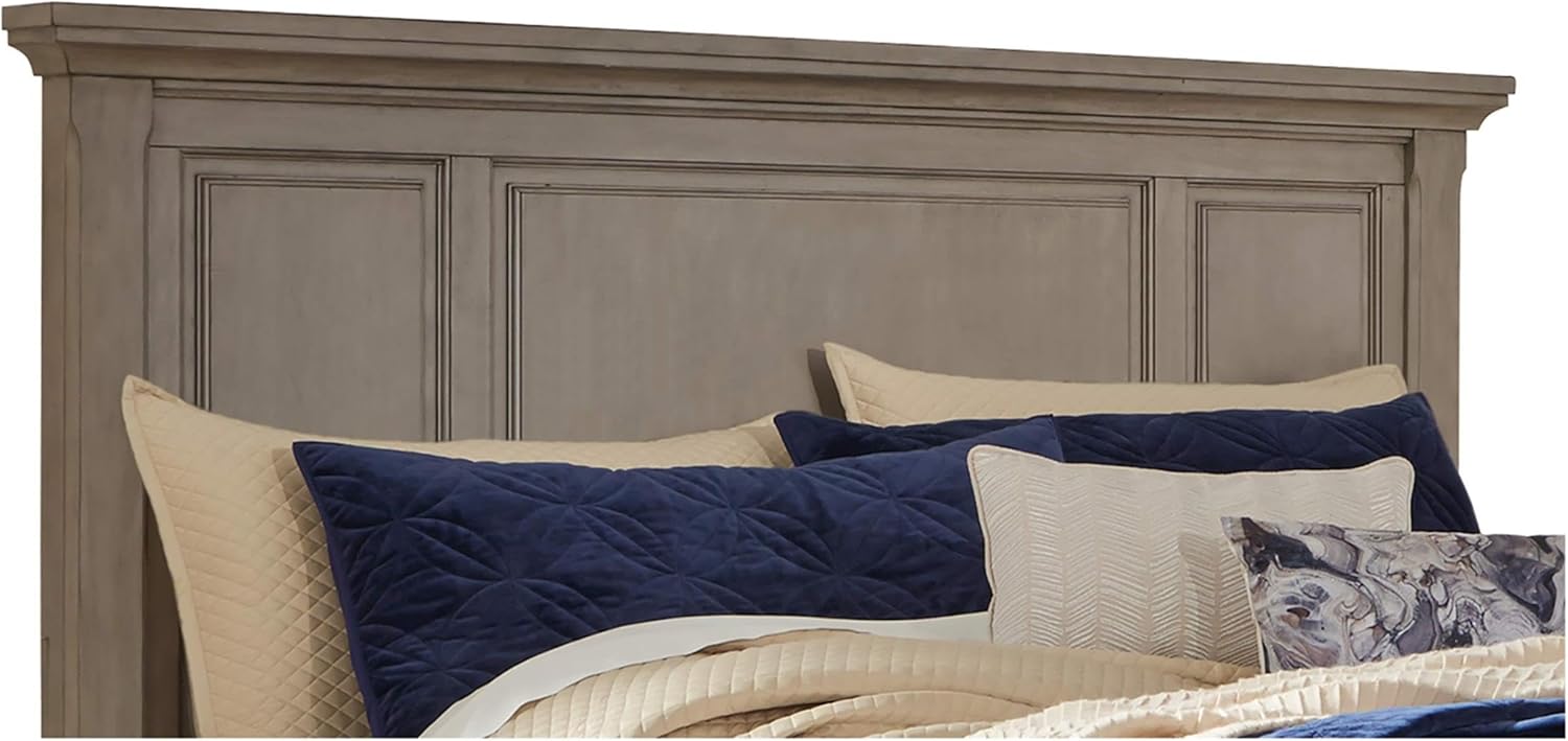 Pemberly Row Modern King/California King Panel Headboard, Solid Hardwood and Birch Veneer, Burnished Light Gray Finish, Crown Moulding, Traditional Style Bedroom Furniture, 60" H x 83.75" W x 4.5" D