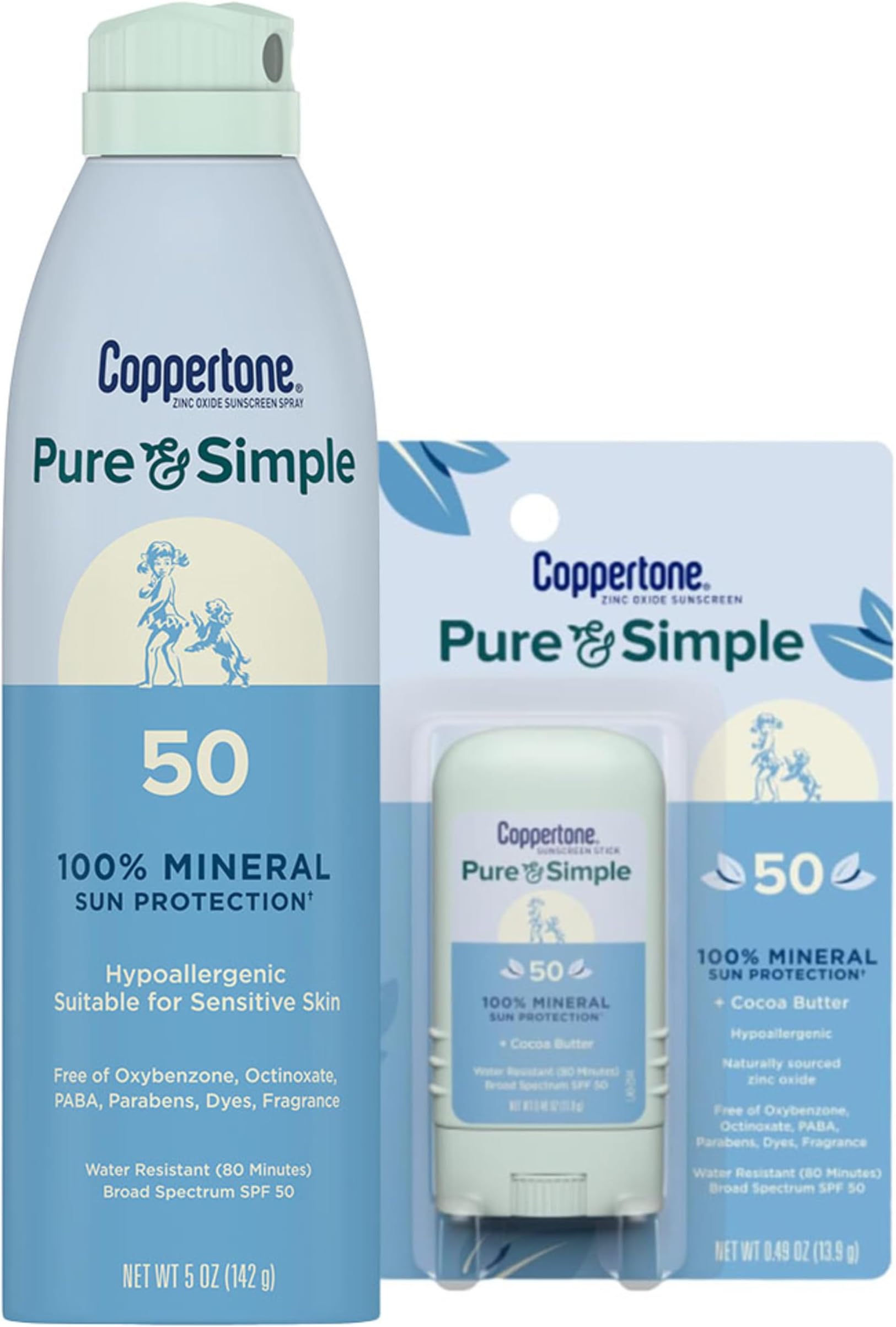 Coppertone Pure and Simple Mineral Sunscreen Spray SPF 50 (5 Oz) + Sunscreen Stick SPF 50 (0.49 Oz) with Zinc Oxide Protection, Hypoallergenic, Fragrance Free