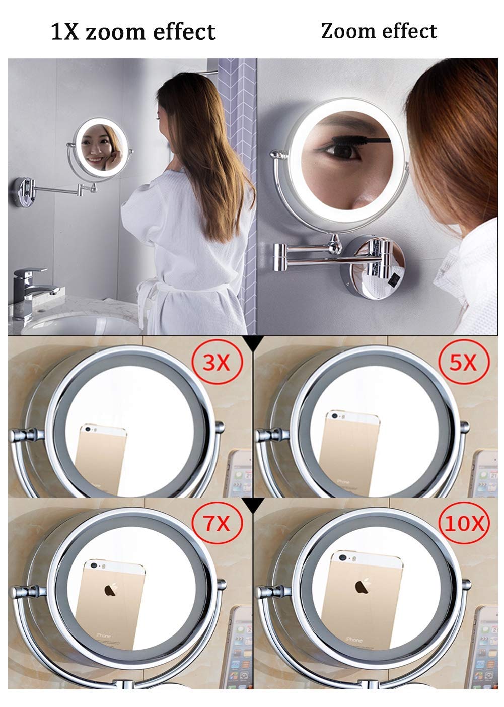 Ingrandimento 10x / 1x Trucco da parete Bifacciale 8,5 pollici Girevole a 360º Estensibile for Bath Spa e Hotel(A,7X)