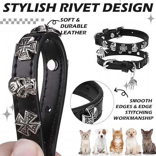 EXPAWLORER Halloween Cat Collar for Girl Boy- Adjustable Leather Pet Collar with Safety Elastic Belt,Personalized Punk Accessories Buckle Collars with Bell & Durable D-Ring, Skull(Black)(Black (Skull),7"-9")