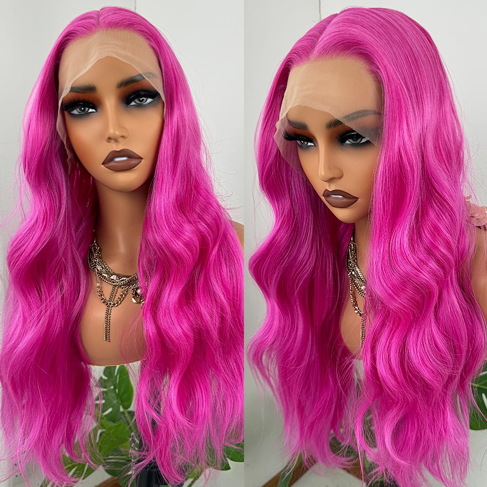 MissyvanHot Pink Body Wave Lace Front Wigs Synthetic Lace Front Wigs Pre Plucked Middle Part Pink 13×3 Lace Front Wigs for Women Glueless Natural Wave Party or Daily Use