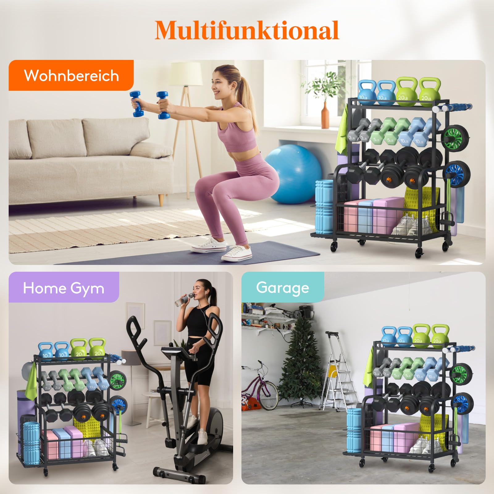 Lifewit Hantelständer für Home Gym, Hantelablage mit Abschließbare Universal-Räder und Haken, Kettlebell Rack, Yoga-Mattenhalter, Hantelregal für Krafttraining, Gewichtsregal für Haus, Garage, Mittel