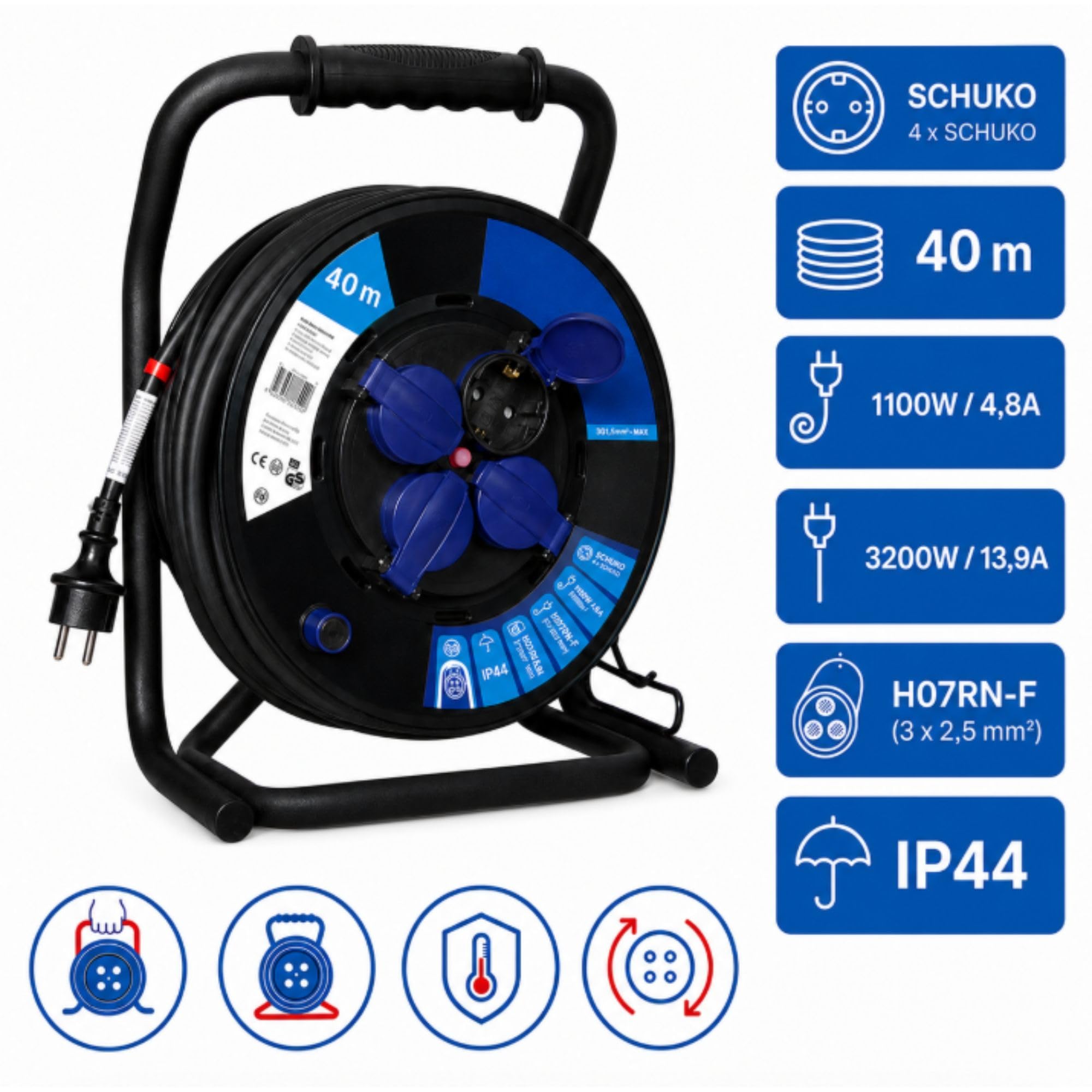 Przedłużacz Bębnowy 40m - 4 Gniazda Schuko IP44 Olejoodporny Kabel H07RN-F 3x2,5 mm² Wyłącznik Termiczny System Anti-Twist Stojak Cube Ogród Warsztat Garaż