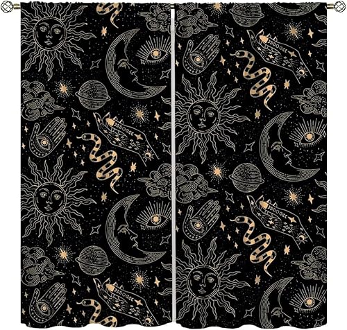 Miniatura 1 de Cortinas bohemias con estampado de alquimia negra y cielo estrellado de serpiente, para dormitorio, sala de estar, cocina, juego de 2 paneles,