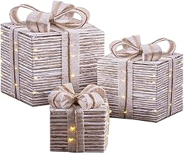 The Christmas Workshop Light-Up White & Beige Gift Boxes/Set of 3 Different Sizes/Warm White LED Lights/Timer Function/Battery Powered (74469)