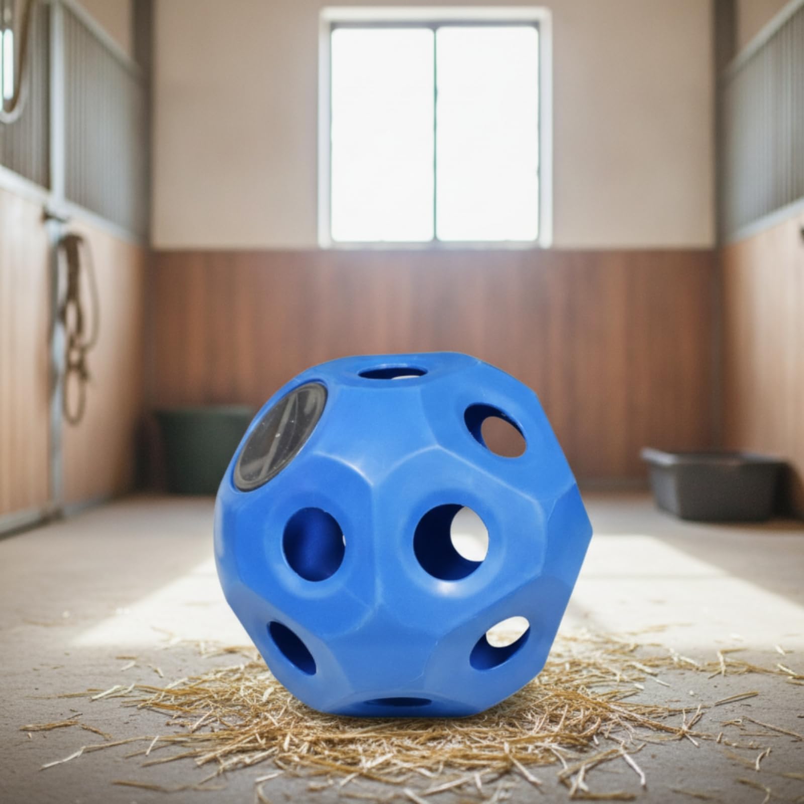 perfeclan Pelota de Enriquecimiento Comedero Bola Dispensador Juguete Forraje Polietileno Moldeado Control de Ingesta con Aperturas para Tirar Adecuada para Caballos Burros Paddock, Azul