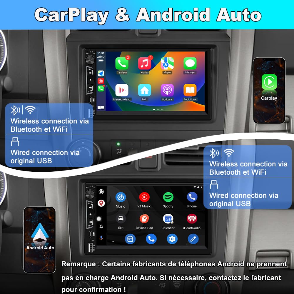 AWESAFE Autoradio 2 DIN CarPlay & Android Auto | Écran Tactile IPS 7 Pouces | Bluetooth 5.0 GPS | Caméra de Recul | MirrorLink | FM EQ | USB Type-C AUX