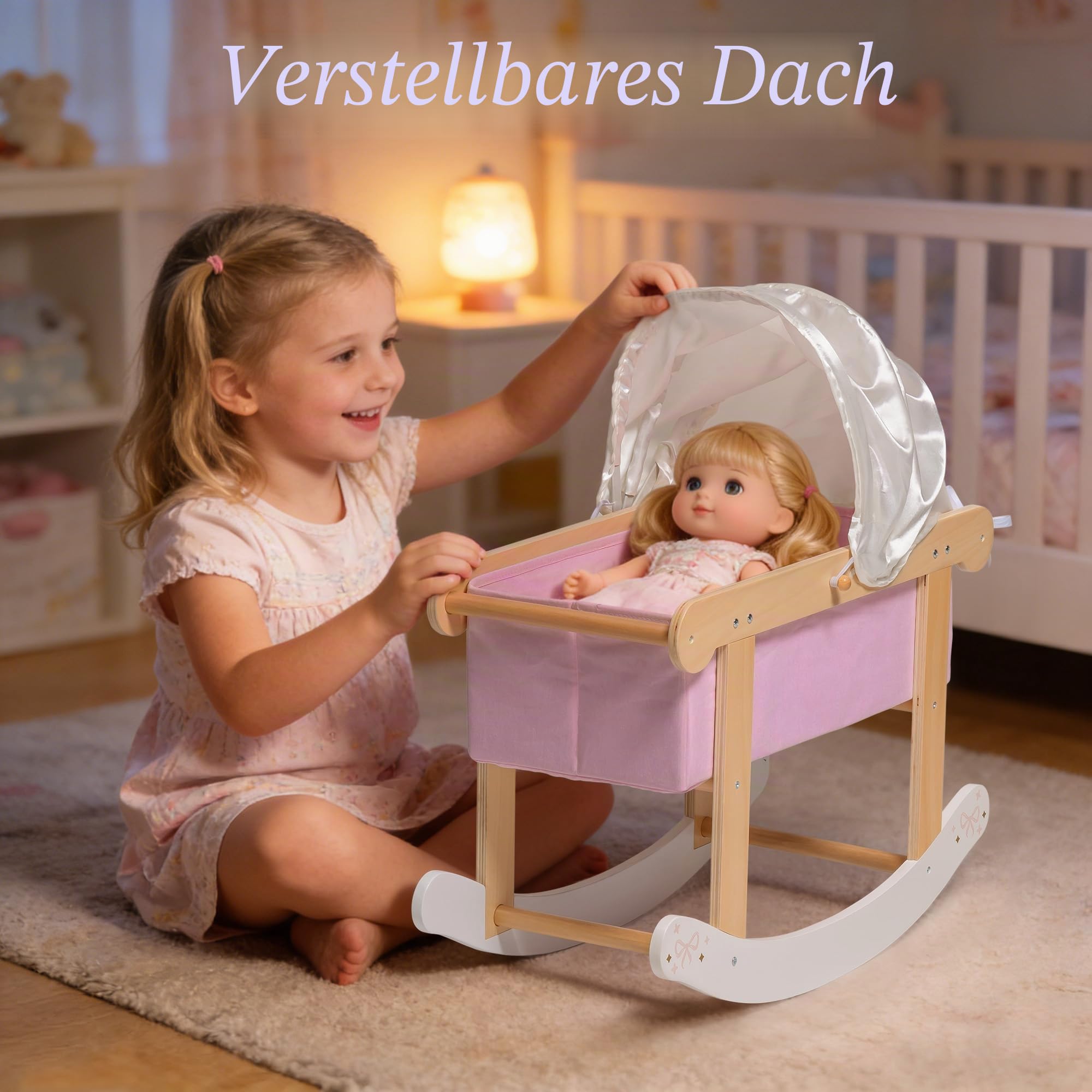 ROBUD Puppenwiege mit Baldachin für 45 cm Puppen, Puppenbett Holz mit Schaukelfunktion, Matratze und Kissen, Puppenmöbel für Mädchen ab 3 Jahren, Rosa