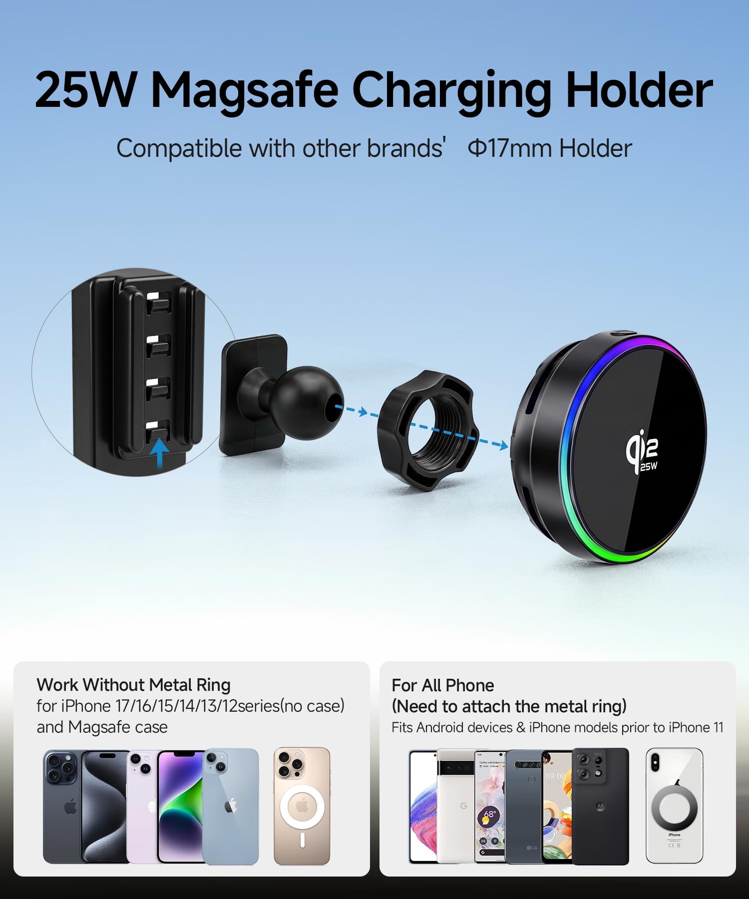 Qi2.2 Max 25W Fast Wireless Car Charger Phone Holder for 2014-2020 Audi A3 S3 RS3 Accessori, 360 ° Rotazione Phone Mount Compatibile con MagSafe, Il supporto del telefono cellulare non