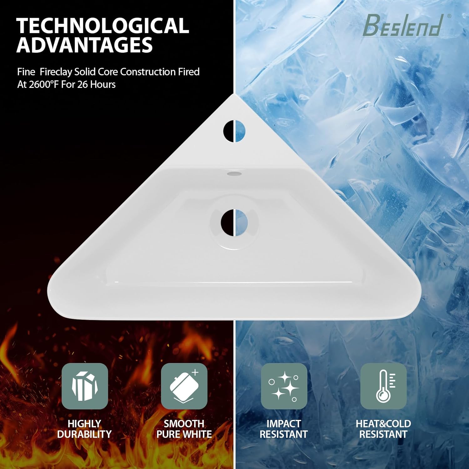 Floating Wall Mount Sink, Small Space-Saving Bathroom Sinks - Beslend 21"x8" Inch White Ceramic Vessel Sink, Triangle Corner Sinks Art Basin with Overflow and Single Hole