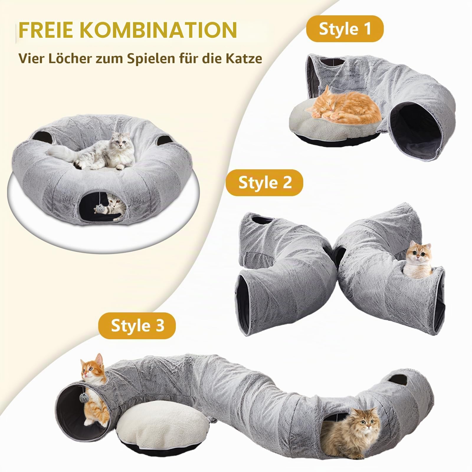 WINDRACING Katzentunnelbett für Indoor-Katzen - Niedlicher Katzen-Donut-Tunnel mit waschbarem Kreiskissen, rundes Haustier-Spielspielzeug für Kätzchen/Welpen/Kaninchen, Grau