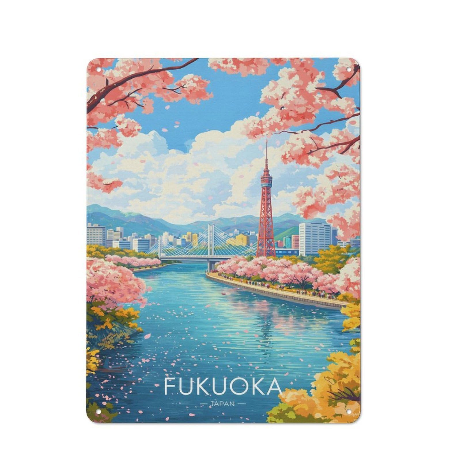 Everyday Fukuoka Cityscape with Cherry Blossoms Decorative Tin Plaque 40x30cm, Room Wall Plaque for Bedroom, Kitchen, Office Or Living Room