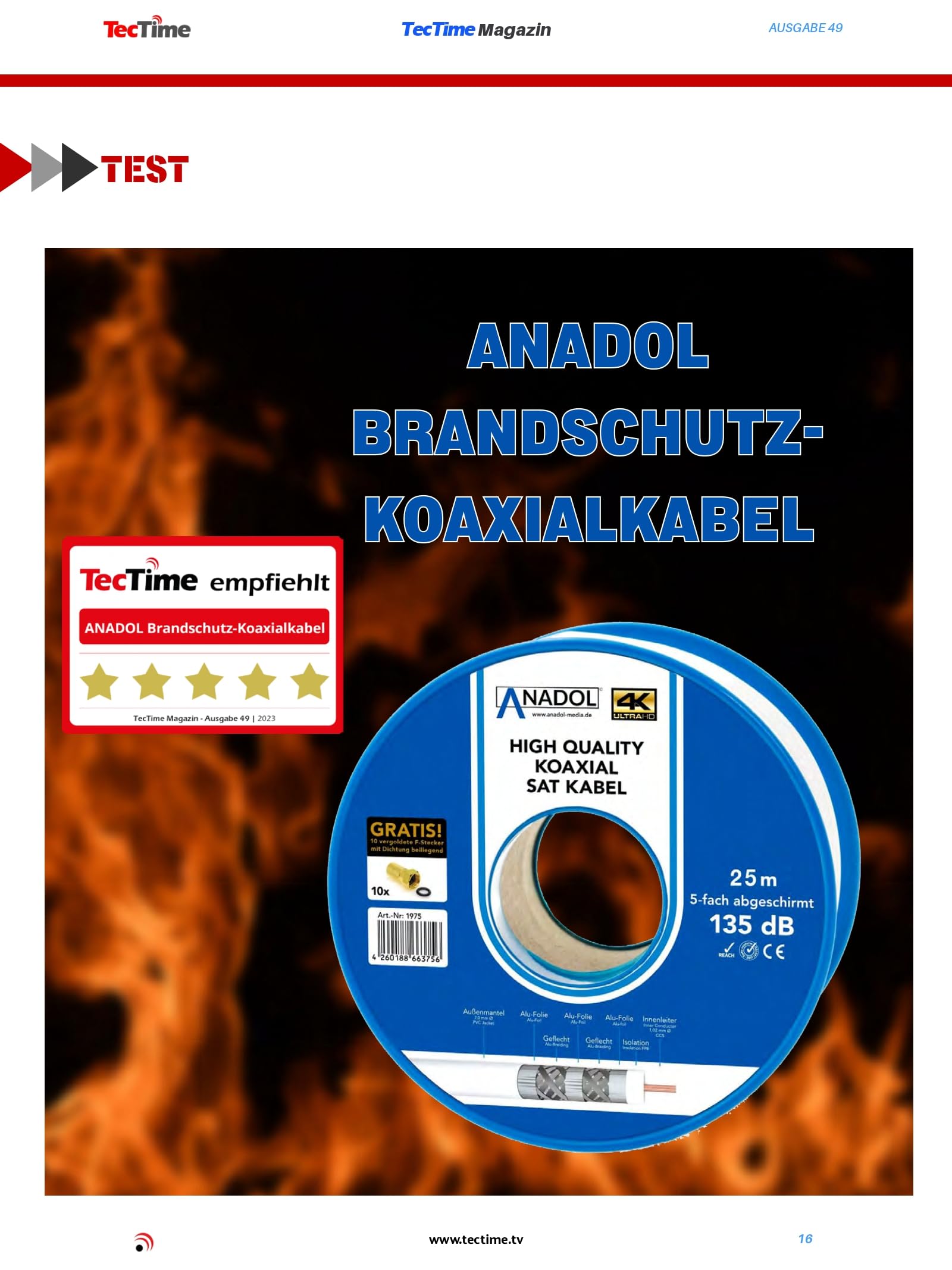 Anadol Câble coaxial anti-incendie avec 10 fiches F plaquées or 5 prises mâles Ø 7 mm 135 dB, blindé 5 fois, standard EN 50575 100 Meter