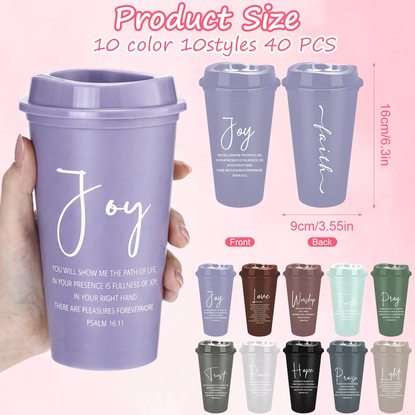 MSYU 40 tazze da caffè cristiane in plastica con coperchio, 470 ml, bicchieri religiosi, regali cristiani per donne e uomini, tazze a doppia faccia con versetto biblico per regali di apprezzamento