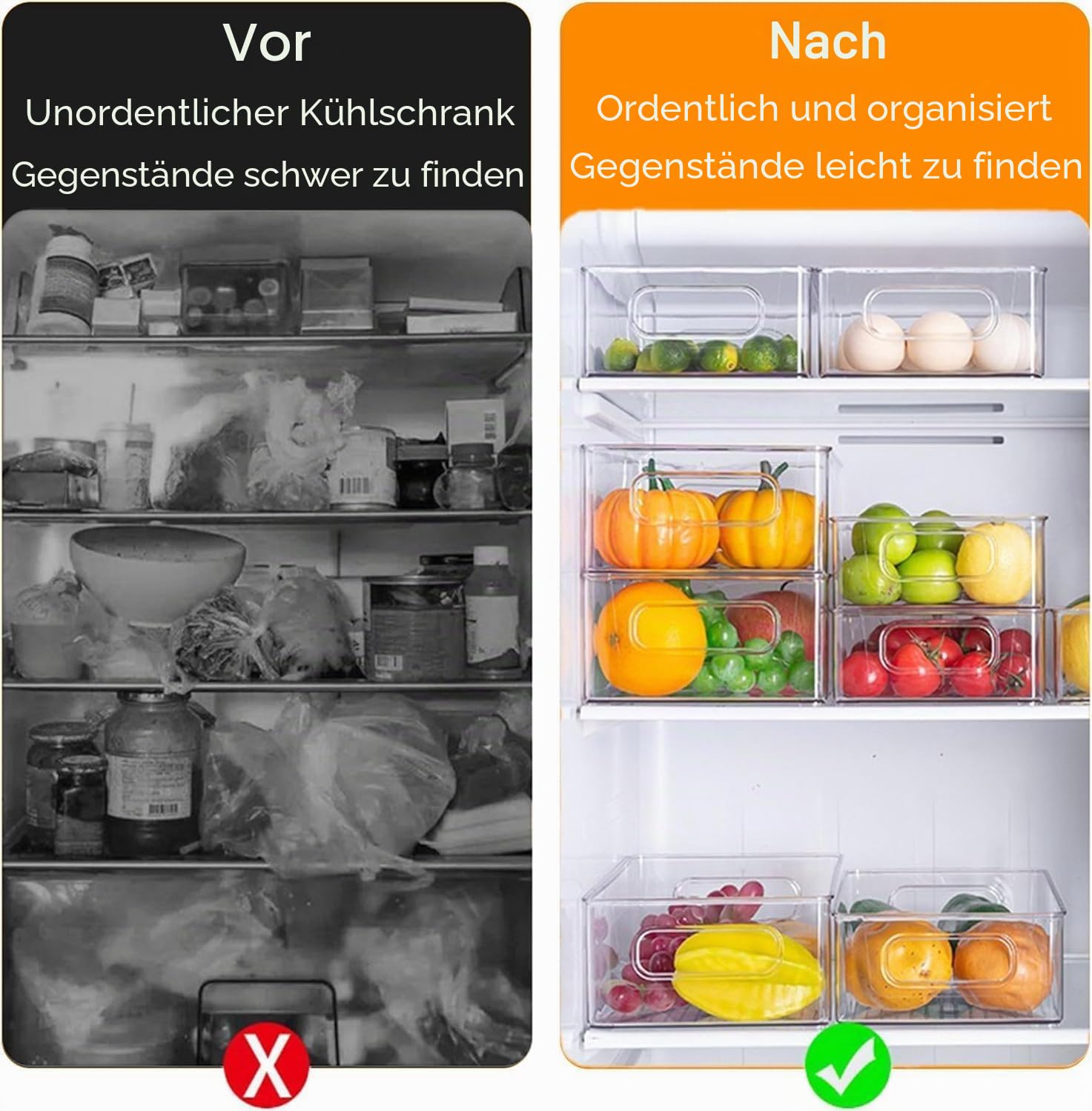 12 Stück Kühlschrank-Organizer-Behälter, 3 Größen, stapelbar, transparent, mit Griffen für Kühlschrank, Gefrierschrank, Regale, Schublade, Behälter, Snack-Organizer für Zuhause und Küche
