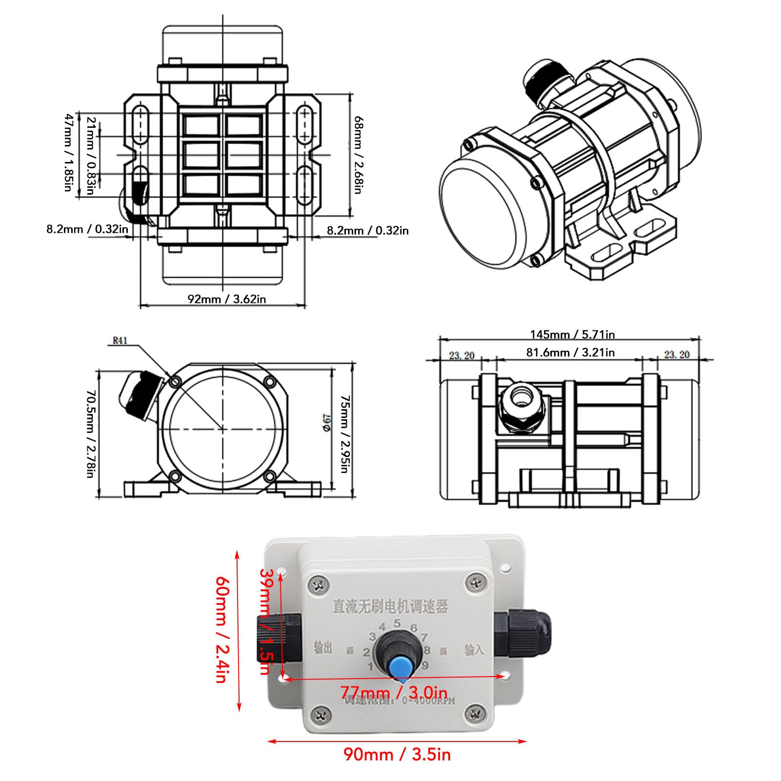 Motore di Vibrazione DC 24V, Motore di Vibrazione Senza Spazzole 4000RPM 50Hz IP65 Motore di Vibrazione Elettrico Piccolo Vibratore per Calcestruzzo Impermeabile (50W)