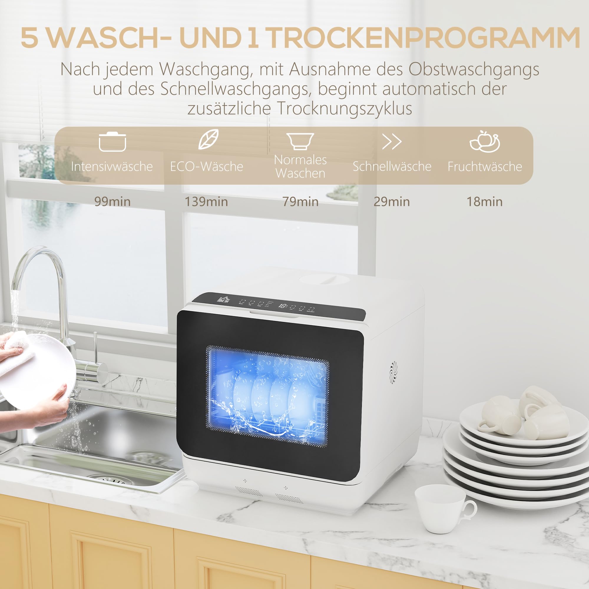HOMCOM Mini lavastoviglie autoportante, con 4 controsoffitti, 5 programmi, funzione asciutta, serbatoio dell'acqua da 6 l, display a LED, lavastoviglie con/senza attacco per acqua per campeggio