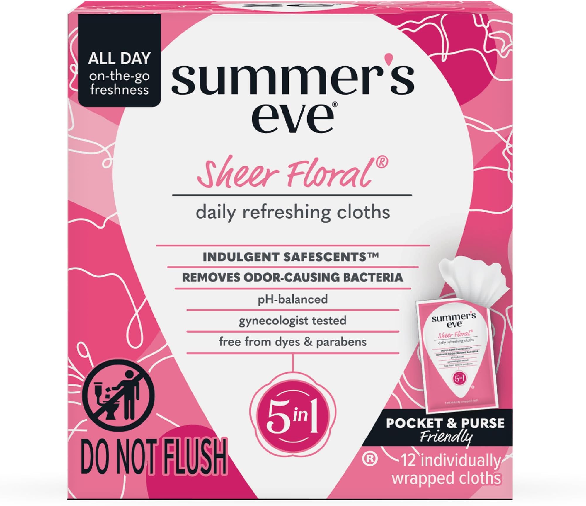 Summer's Eve Sheer Floral Feminine Wipes, Gentle pH-Balanced Formula Helps Control Vaginal Odor, Individually Wrapped Wipes, 12 Count