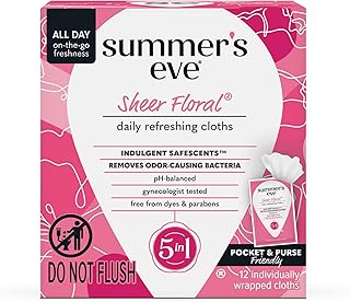 Summer's Eve Sheer Floral Feminine Wipes, Gentle pH-Balanced Formula Helps Control Vaginal Odor, Individually Wrapped Wipes, 12 Count