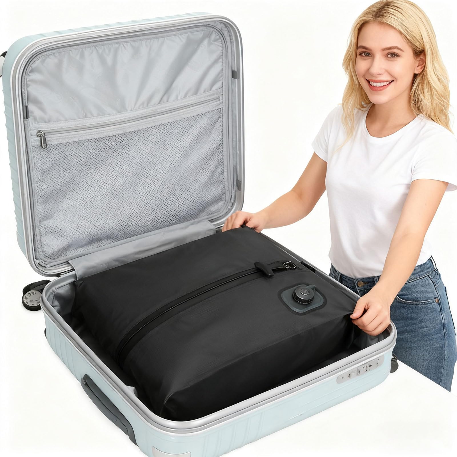 Borsa da viaggio compatta con pulsante con tecnologia di compressione airless organizer salvaspazio per vestiti accessori senza pompe Touch Vacuum Bag