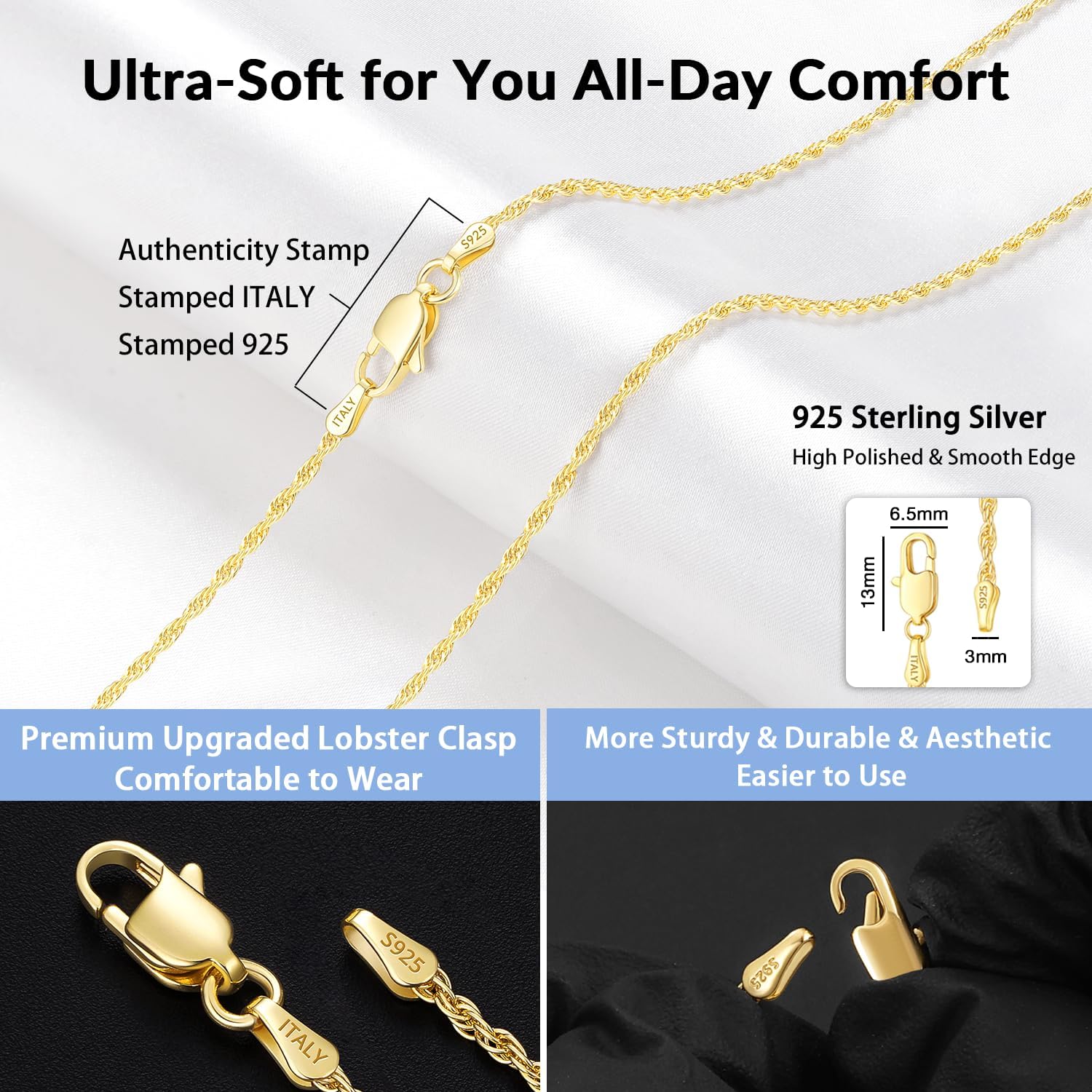Jewlpire 1.5mm Rope Chain 925 Sterling Silver Chain Necklace for Women, 14K Gold Plated Chains for Women Dainty & Sturdy Women's Chains Necklaces, 16 18 20 22 24 26 Inch
