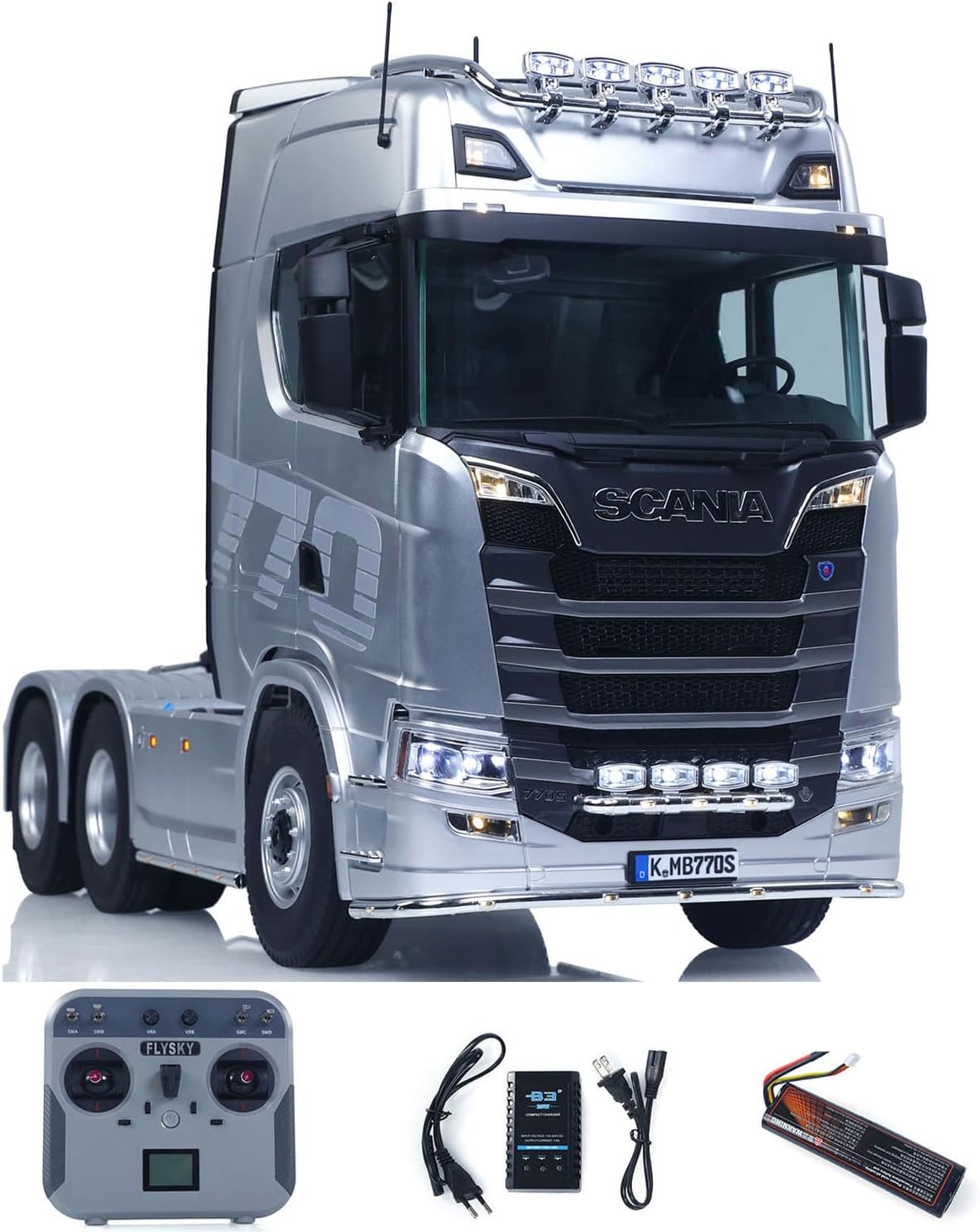 KABOLITE 1/14 6x6 770S 100 RC Tractor Truck Lorry Car 2Speed Gearbox Differential Lock RTR Model for Adult(Silver), Fit with Semi Trailer Flatbed 1502 TH16848, 1/14 2Axle Trailer TH01024