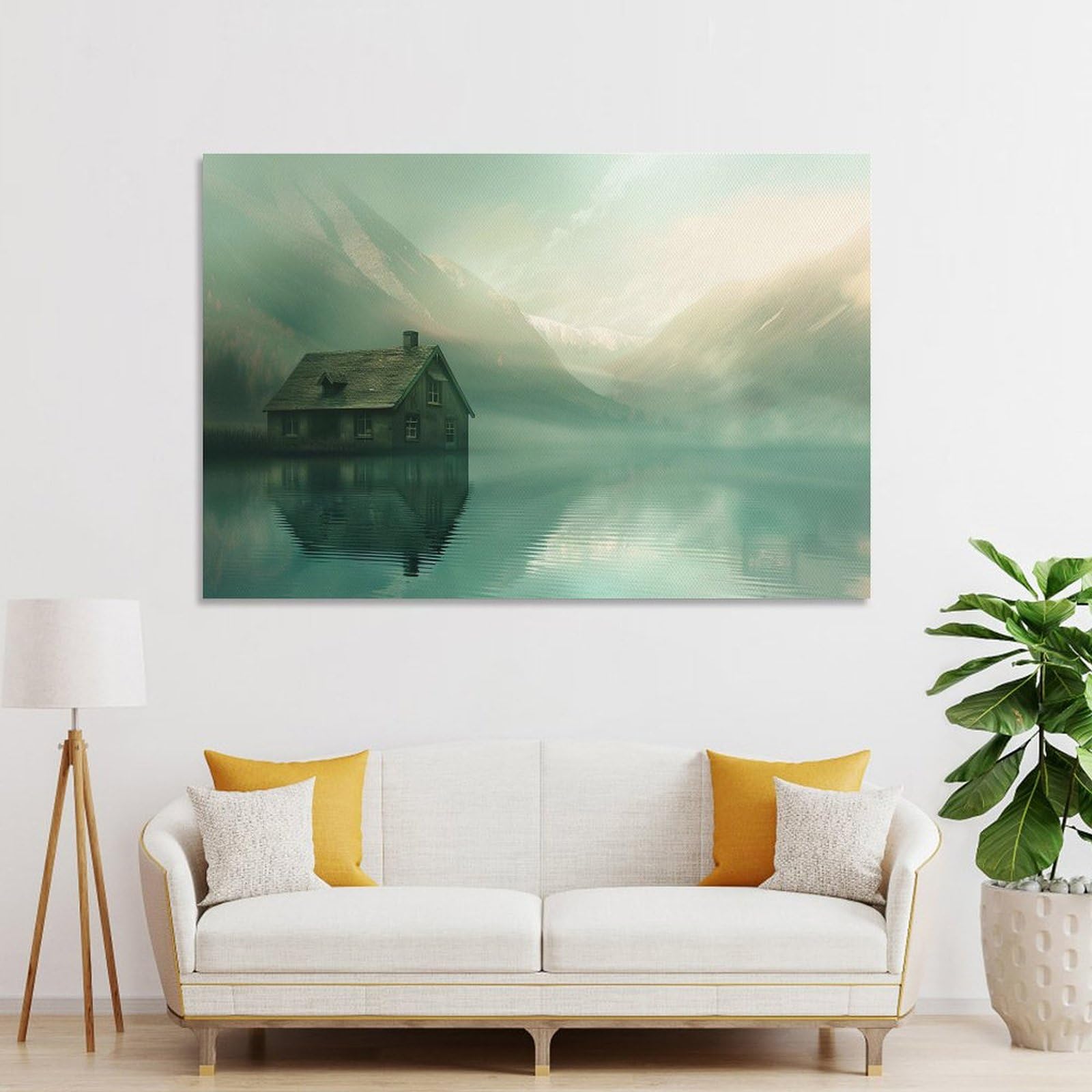 Amazon.co.jp: 絵画 湖のほとりの小さな家インテリア 絵画 美しい自然