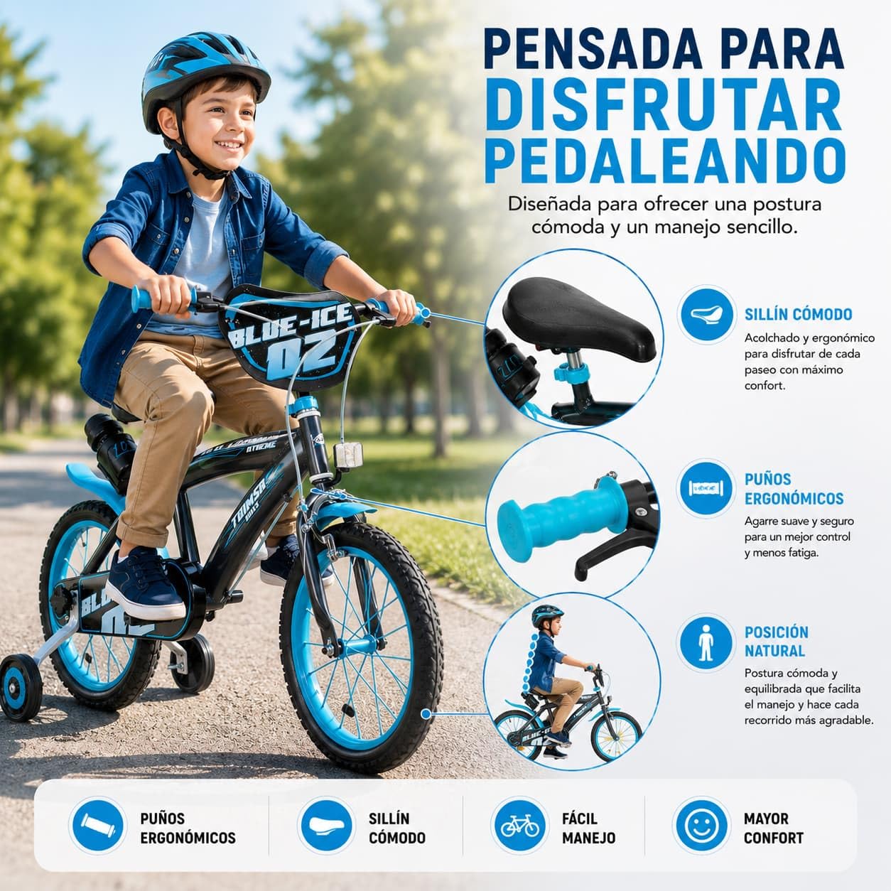 Kinderfahrrad Blue Ice 16 Zoll mit Stützrädern Trinkflasche 5-7 Jahre