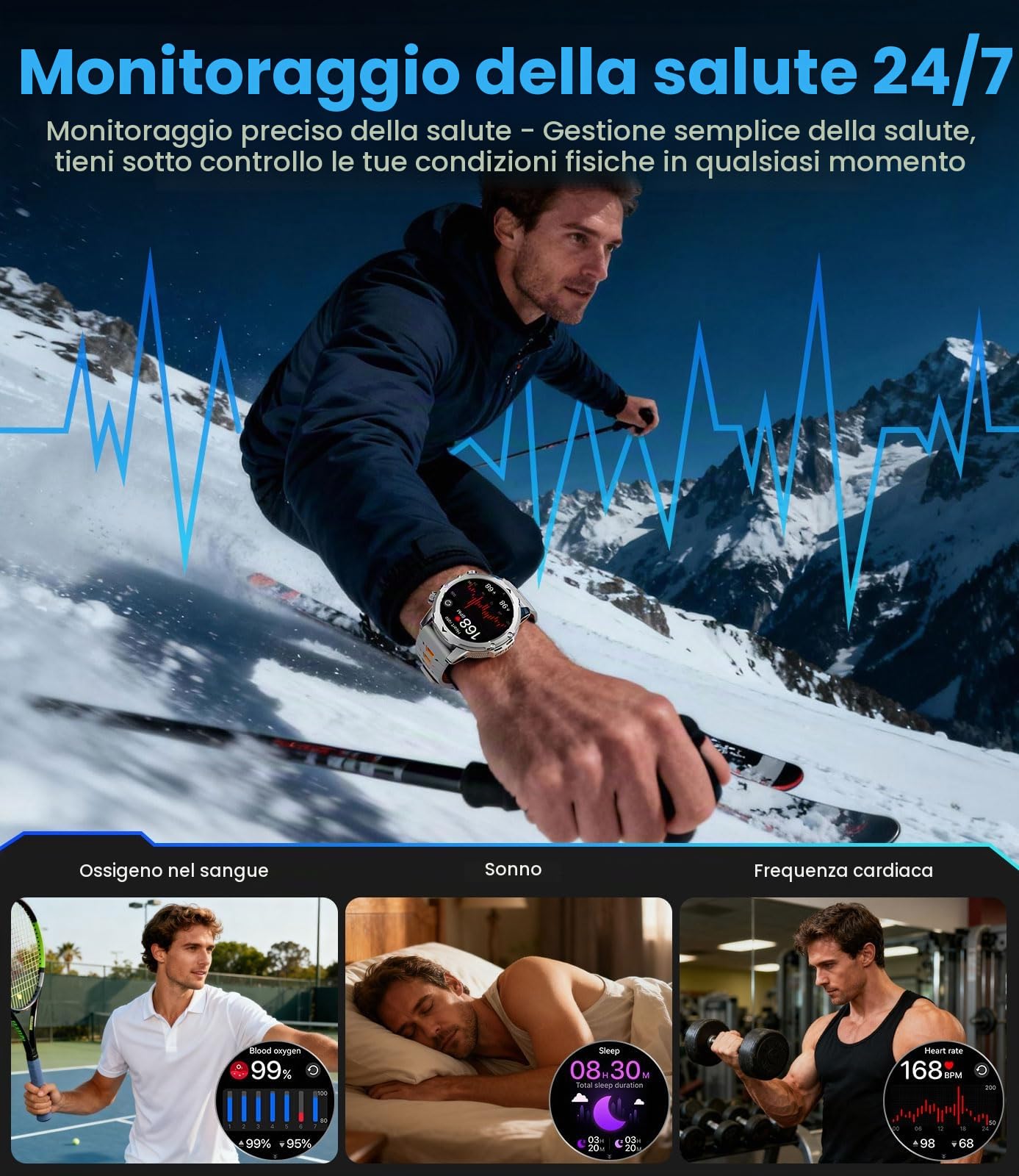 Orologio Smartwatch Uomo con Chiamate/Batteria 1000 mAh per Android iOS, 1,53" HD Smartwatch Militare con Frequenza Cardiaca/129 Modalità Sportive, Impermeabile IP68 Torcia Fitness Watch, 3 Cinturini