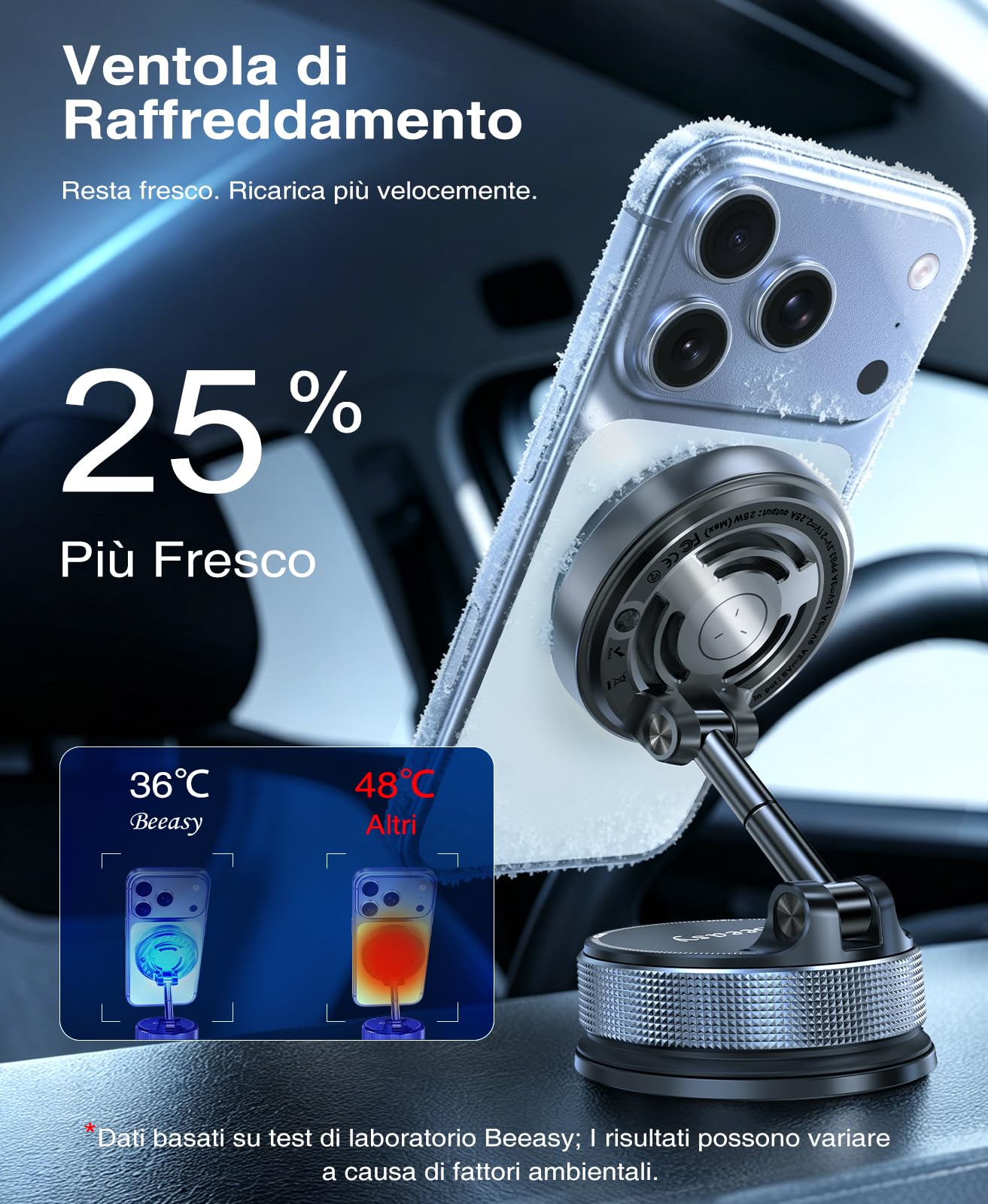 Beeasy Qi2.2 25W Caricatore Wireless Auto per MagSafe con Ventola Raffreddamento, Ventosa a Vuoto Ultra Potente Rotazione 360°, Porta Cellulare Auto Magnetico con Adattatore 63W per iPhone 17-12