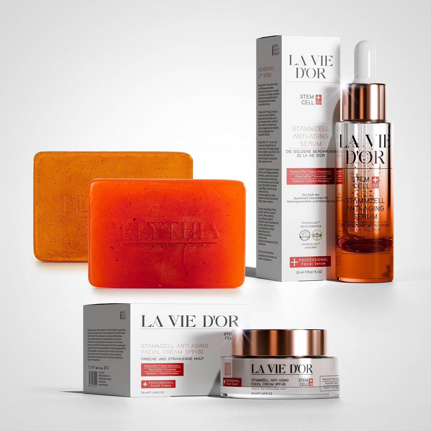 La Vie D'Or Premium zestaw do pielęgnacji skóry – serum przeciw starzeniu się skóry + krem do twarzy SPF 30 + mydło naturalne Elythia – technologia komórek macierzystych, egzoomy, szwajcarska jakość