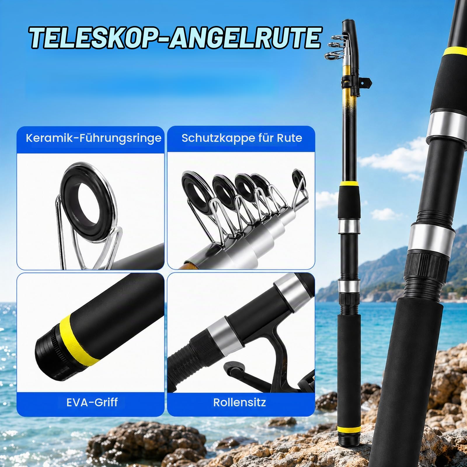 Angelset für Kinder, 3 Stück 1,8m Kinderangel Starter Set mit Kohlefaser Teleskop Angelruten, 5.2:1 Spinnrolle, Köder & Tragetasche, Angelset Komplett Anfänger für Kinders Jungen Mädchen