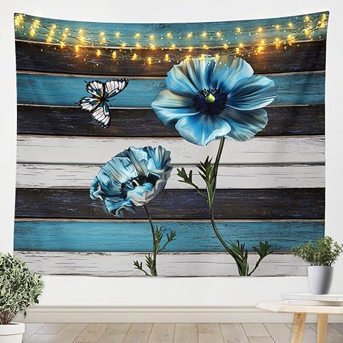 Manfei Tapiz floral verde azulado, manta de pared con flores y mariposas, estilo rústico para colgar en la pared para niños y niñas, decoración de