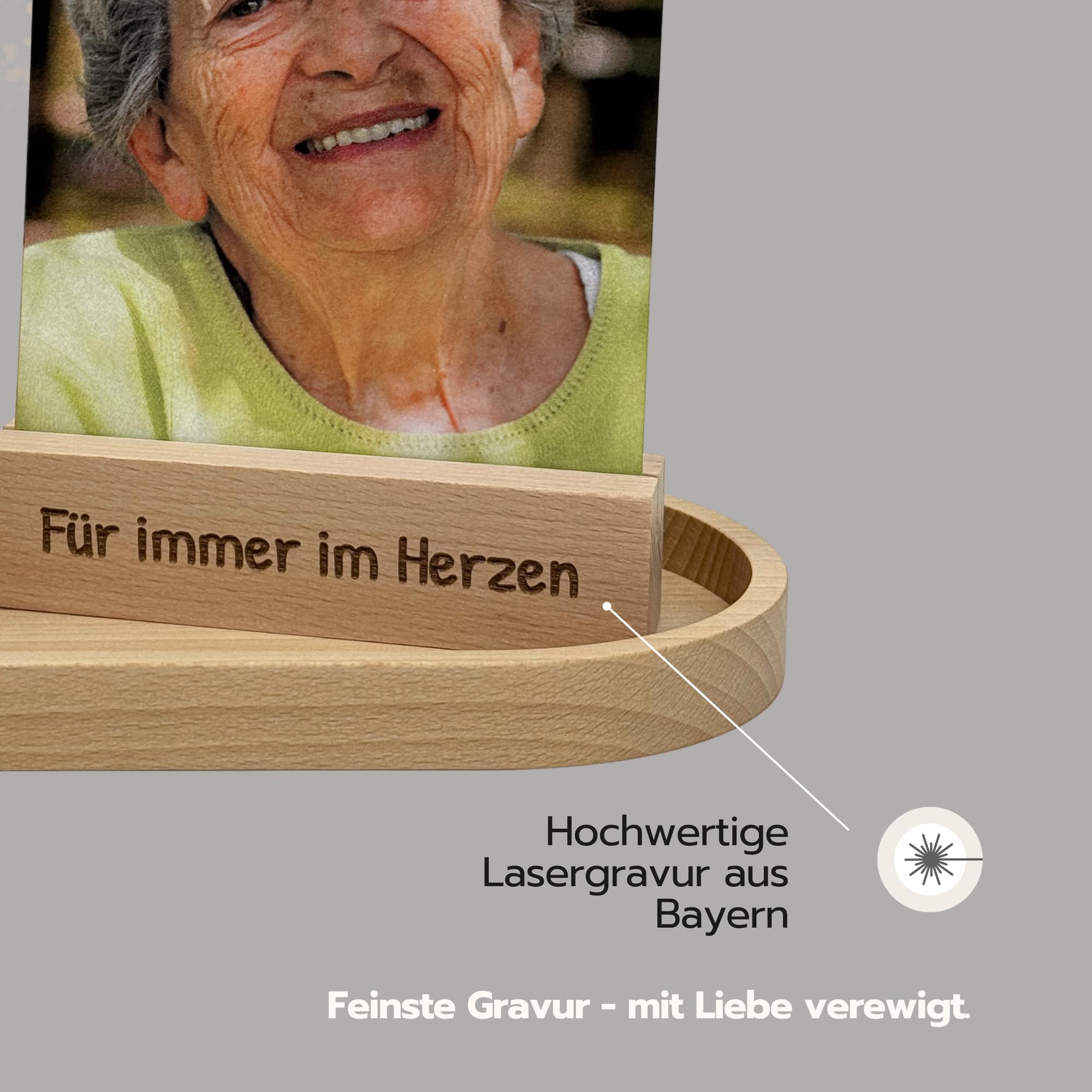 Gedenkset mit Kerzenhalter & Kartenhalter – Erinnerung an Verstorbene – graviert oder personalisiert – Holz Deko für Trauer & Gedenken (Für Immer im Herzen)
