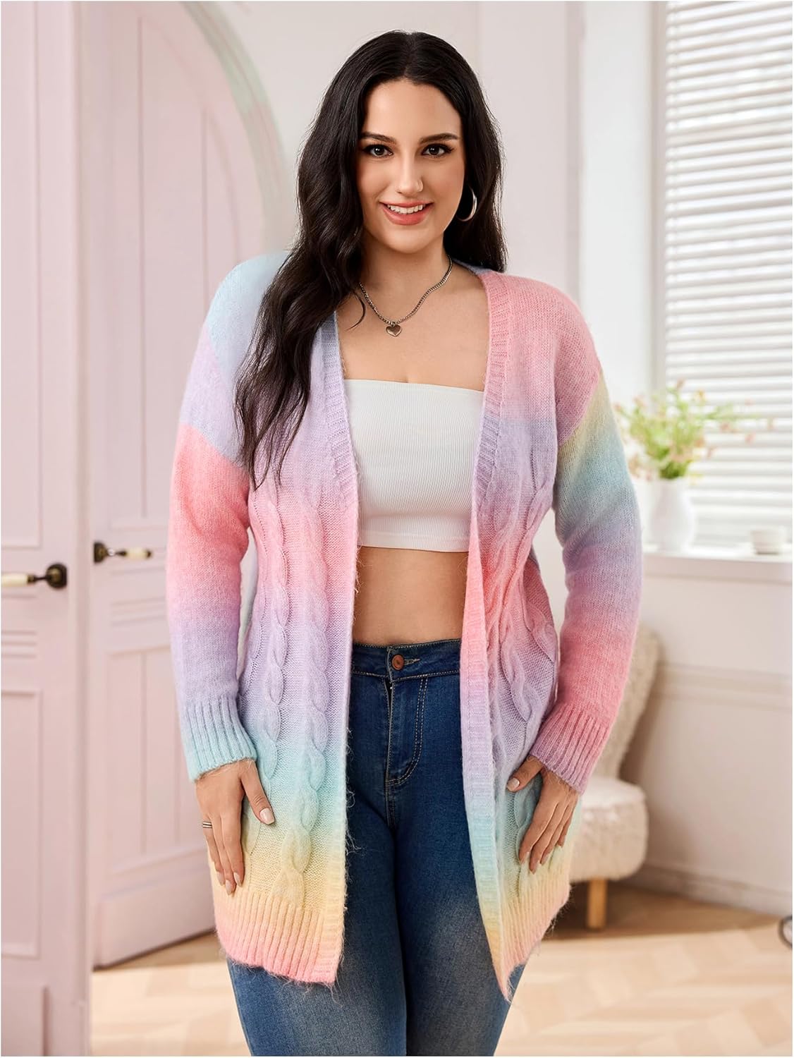 MakeMeChic Women's Plus Size Rainbow Colorful Cardigans Open Front Long Sleeve Knit Cardigan Sweater - Image 5