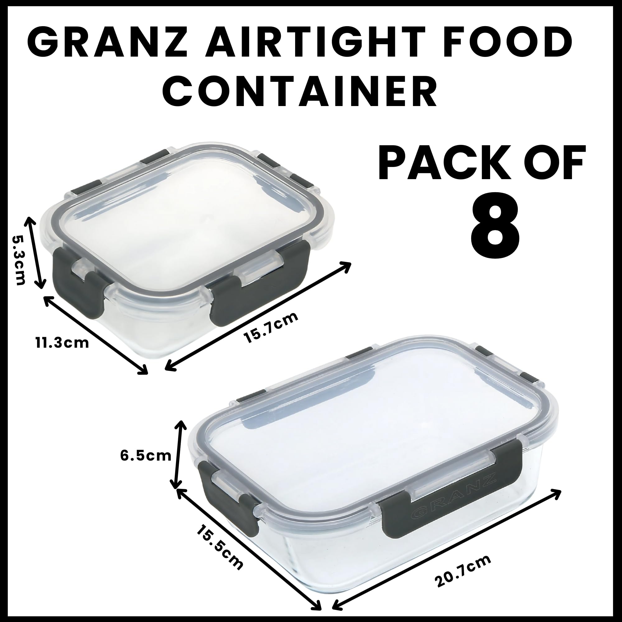 GRANZ Contenitori per alimenti in vetro, confezione da 8, senza BPA, con coperchio ermetico a scatto, a prova di perdite, impilabili, ecologici, riutilizzabili, per microonde e lavastoviglie