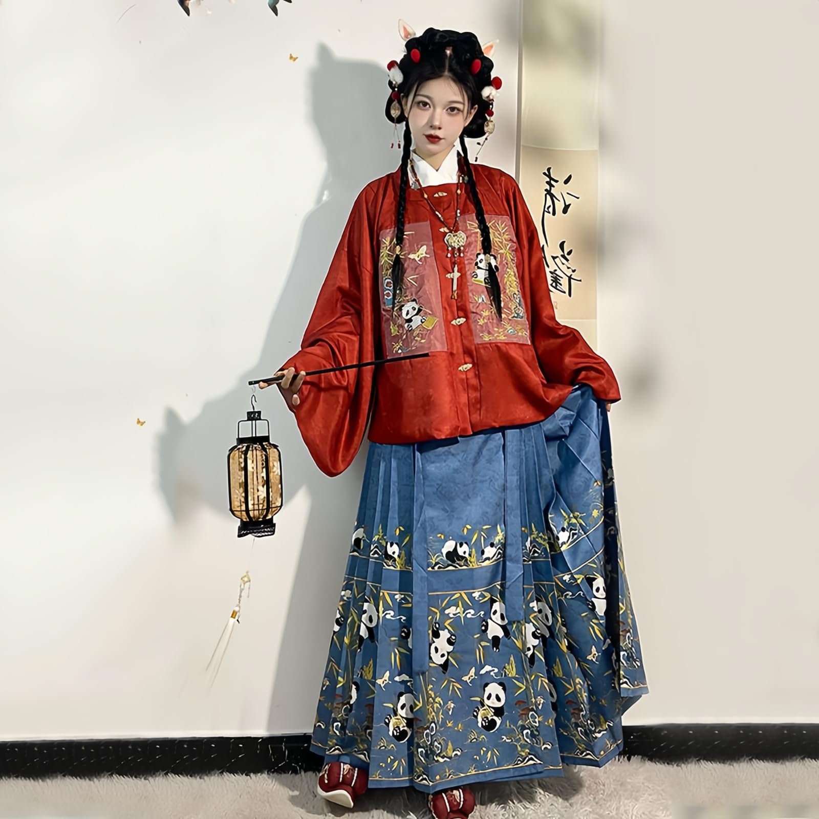 Chiński tradycyjny kostium Hanfu Dress, chińska od dla kobiet Płaszcz z haftowanym kołnierzem i pluszowa kurtka Spódnica z twarzą konia Noworoczna(Red,Medium)
