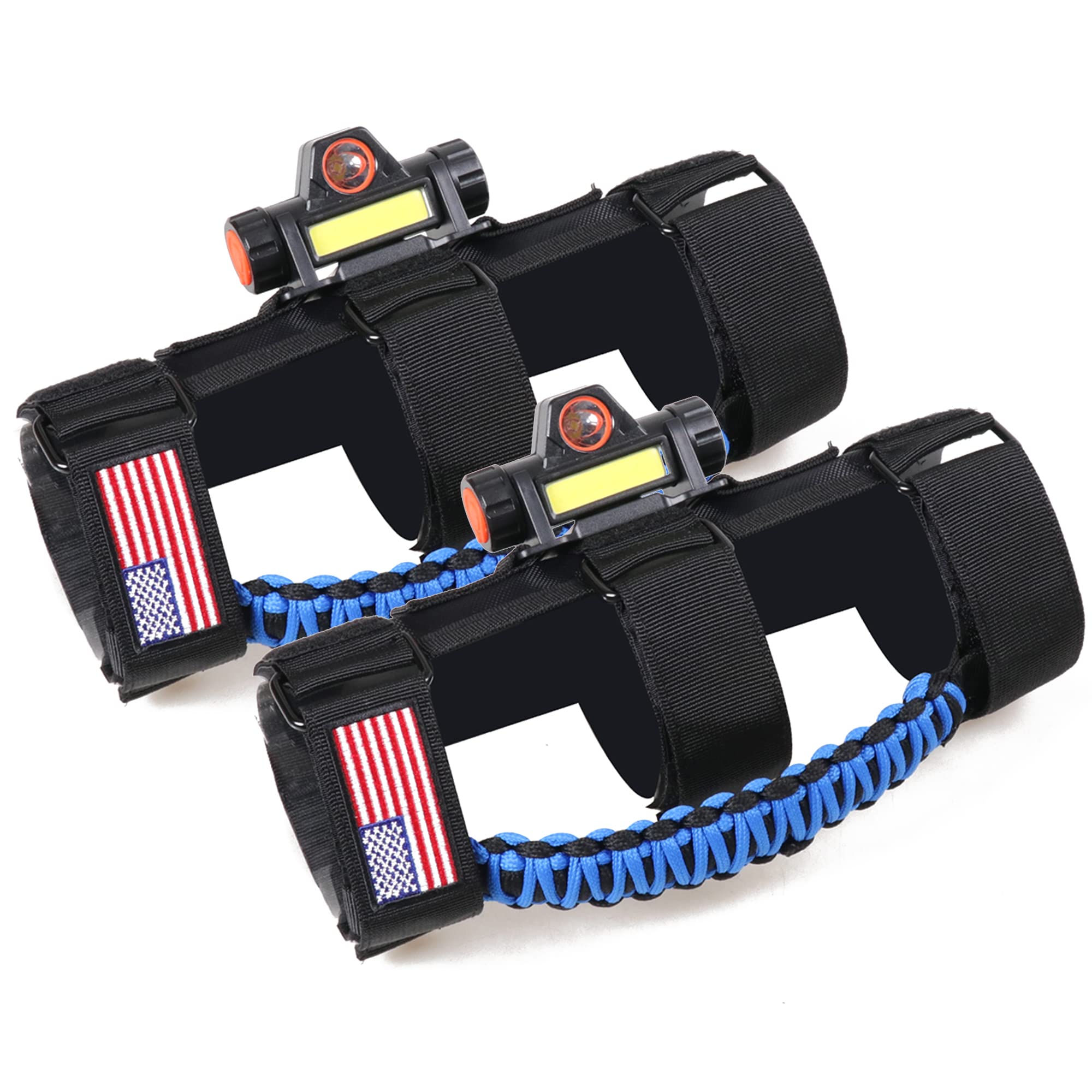 RERPRO Roll Bar Grab Handles with Dome Light for 1945-2024 Jeep Wrangler CJ YJ TJ JK JL Gladiator JT UTV Polaris RZR 2.0”-4.0” Roll Cage Paracord Grip Handle with Light Bar 2 Pack Blue