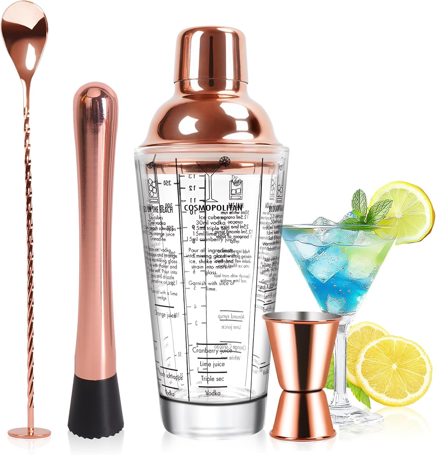 14oz Glass Cocktail Shaker Set, 4PCS Bartender Kit, Martini Mixer Shaker with Built-in Strainer, Mixing Spoon, Measuring Jigger & Muddler, Bar Tool Set for Beginners Use (Rose Gold)