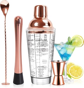 14oz Glass Cocktail Shaker Set, 4PCS Bartender Kit, Martini Mixer Shaker with Built-in Strainer, Mixing Spoon, Measuring Jigger & Muddler, Bar Tool Set for Beginners Use Rose Gold