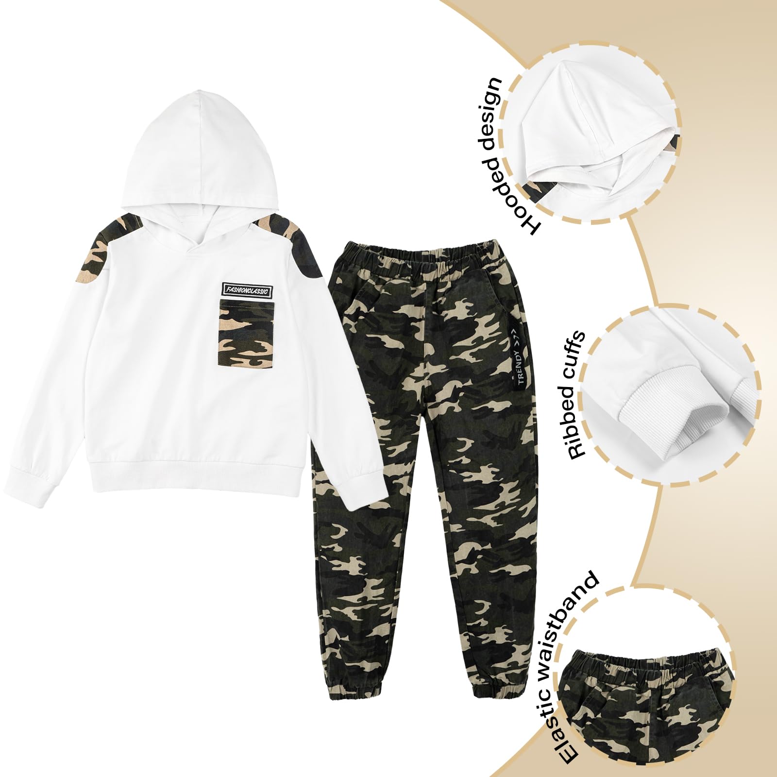 LOLANTA 2PCS Niños Chándal Conjunto Sudadera con Capucha y Camuflaje Cargo Pantalones Traje para 6-13 Años