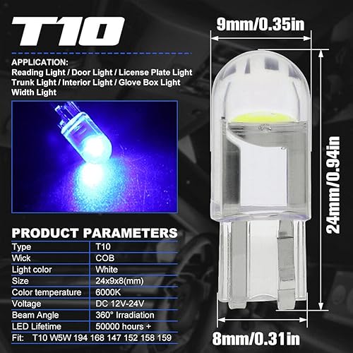 Miniatura 2 de BELOMI 30 bombillas LED de 6000 K, impermeables, 194 cuñas, COB, W5W, bombillas de repuesto, sin errores, accesorios de automóvil, placa de