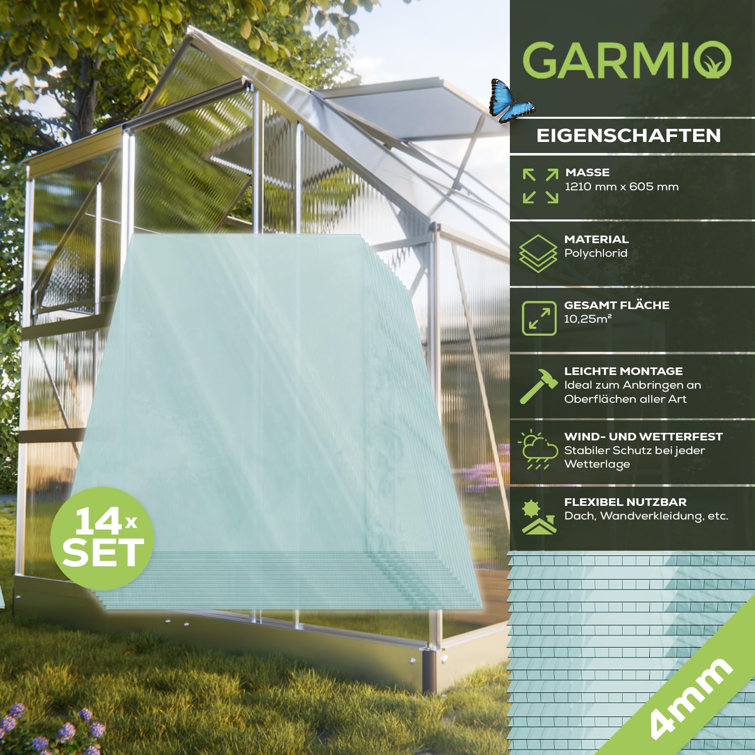 GARMIO® 14x ACRI Hohlkammerstegplatten Gewächshausplatten 4mm 10,25 m² Doppelstegplatte 121x60,5 cm, UV-beständig