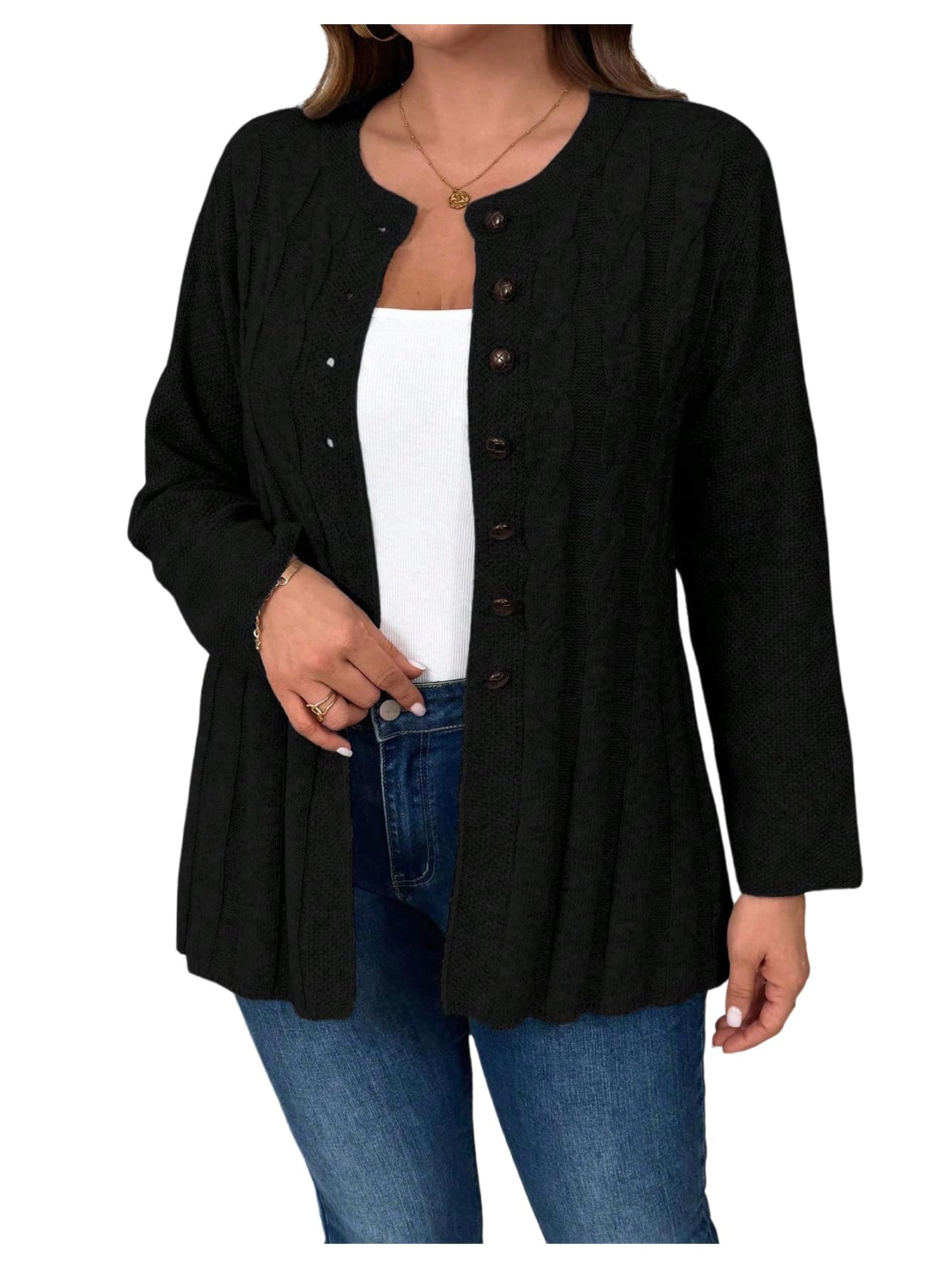 OYOANGLE Womens Plus Size Cable Knit Button Down Cardigan Sweater Crew Neck Knitted Outerwear Coats
