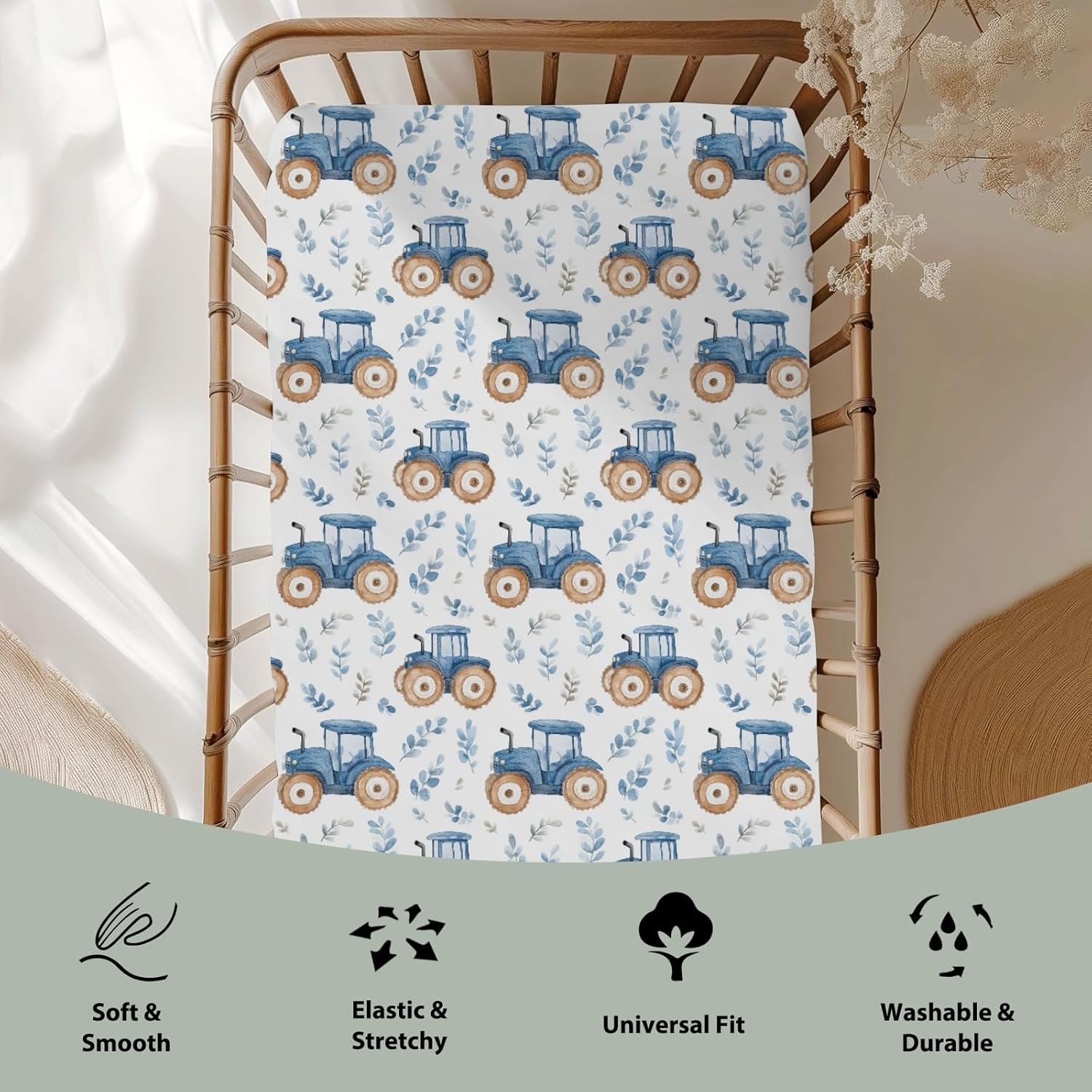 Blue Tractors Baby Crib Sheets for Boy Girl 52x28Inch Cute Farm Tractors Boho Leaves Soft Stretchy Fitted Crib Mattress Cover Farm Life Baby Sheet Fits Unisex Standard Bed and Toddler Mattress