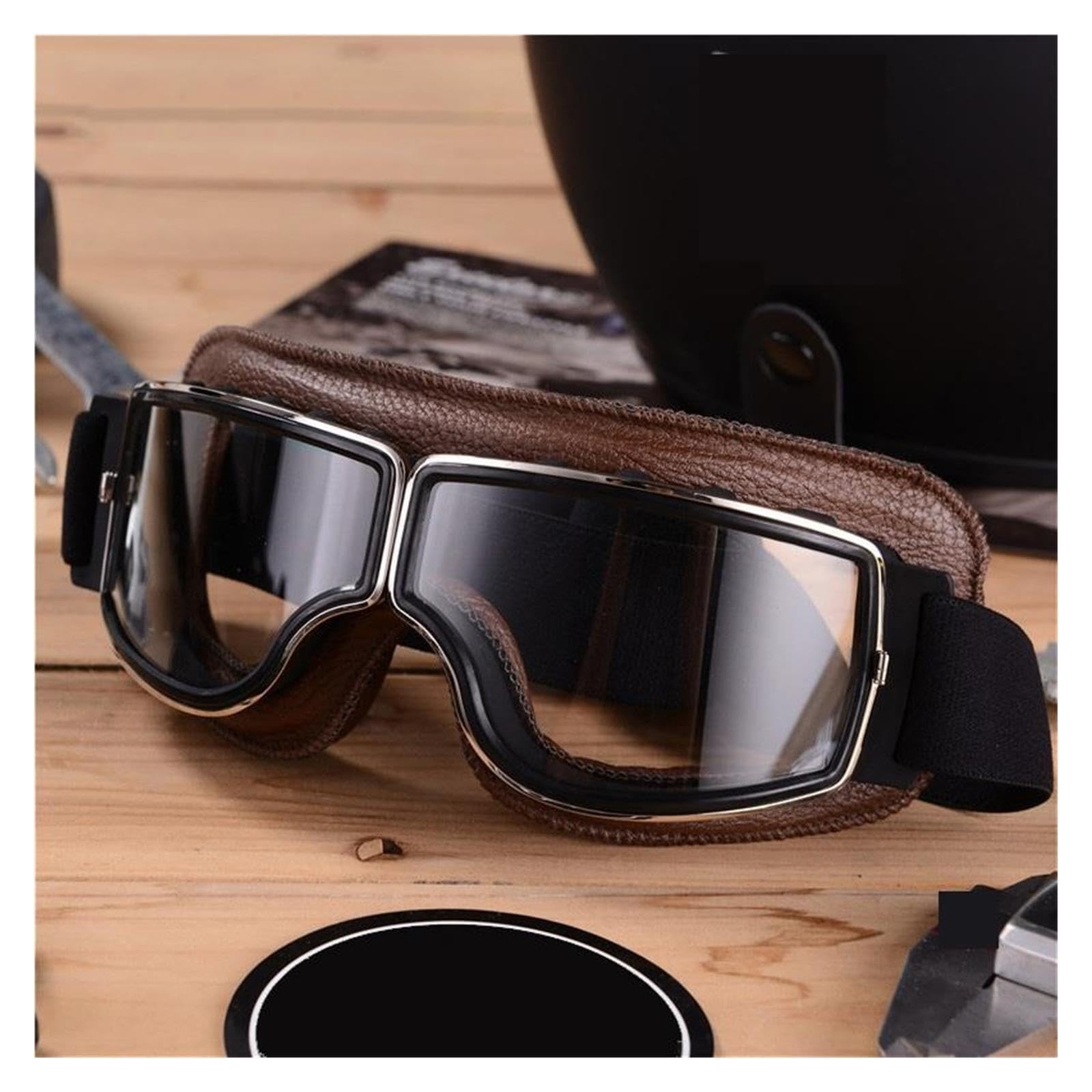 Occhiali da casco Occhiali da moto sole for casco antivento Accessori in pelle pieghevoli universali retrò